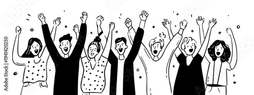 Diverse happy people celebrating success teamwork doodle style isolated illustration
