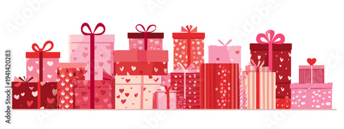 Pink and red gift boxes with ribbons for Valentine's Day celebration and love theme