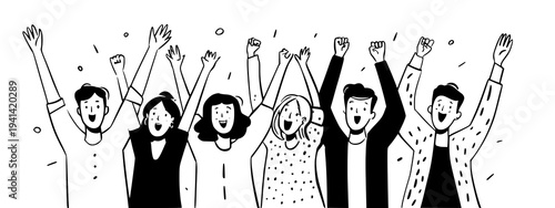 Diverse happy people celebrating success teamwork doodle style isolated illustration