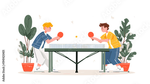 Two boys playing ping pong table game indoor flat design illustration vibrant colors