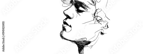 Minimalist profile portrait sketch of woman with flowing hair isolated on white background