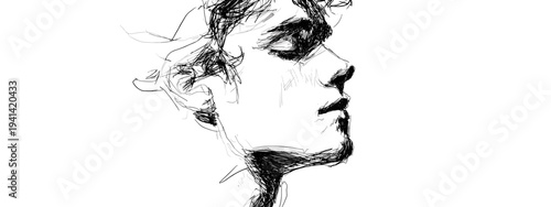 Minimalist profile portrait sketch of woman with flowing hair isolated on white background