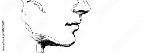 Minimalist profile portrait sketch of woman with flowing hair isolated on white background