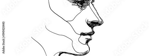 Minimalist profile portrait sketch of woman with flowing hair isolated on white background