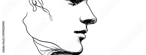 Minimalist profile portrait sketch of woman with flowing hair isolated on white background