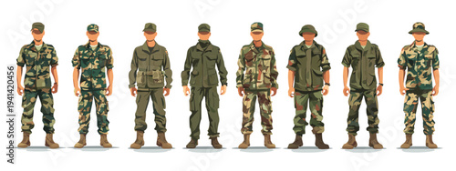 Military soldiers standing in camouflage uniform set isolated on white background vector illustration