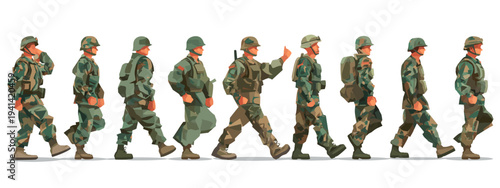 Military soldiers standing in camouflage uniform set isolated on white background vector illustration