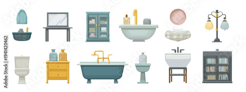 Flat bathroom icons set isolated seamless vector illustration design elements