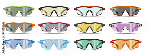 Colorful Sports Sunglasses Set Flat Design Vector Icons Isolated White Background