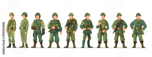 Military soldiers standing in camouflage uniform set isolated on white background vector illustration