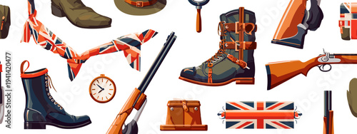 British hunting gear flat icons set with boots, rifle, hat, and accessories on white background