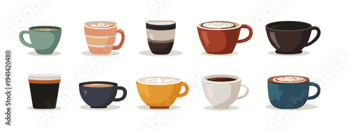 Set of colorful coffee cups icons flat design isolated on white background vector illustration