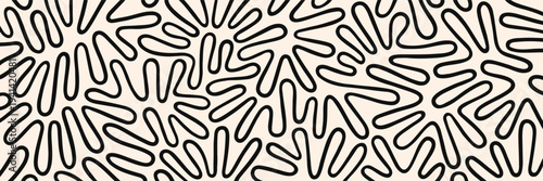 Twisted hand drawn lines, fluid, curved, wiggling stripes, waves abstract 1:3 background. Liquid, funky maze ornament, groovy pattern banner. Doodle uneven wavy organic continuous line