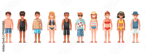Diverse children swimming summer beach cartoon icons set isolated white background