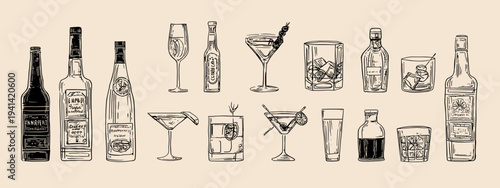 Hand drawn alcohol drinks set with wine beer cocktail glasses doodle sketch illustration