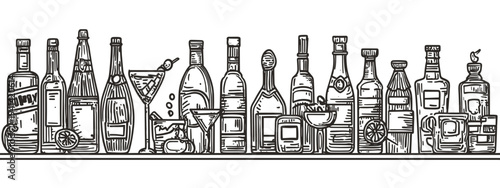 Hand drawn alcohol drinks set with wine beer cocktail glasses doodle sketch illustration