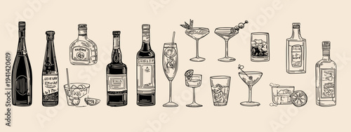 Hand drawn alcohol drinks set with wine beer cocktail glasses doodle sketch illustration