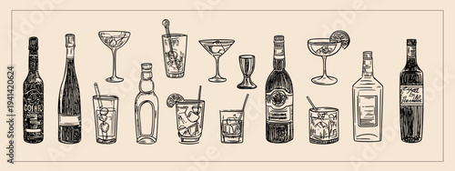 Hand drawn alcohol drinks set with wine beer cocktail glasses doodle sketch illustration