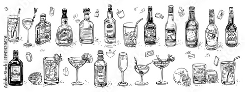 Hand drawn alcohol drinks set with wine beer cocktail glasses doodle sketch illustration