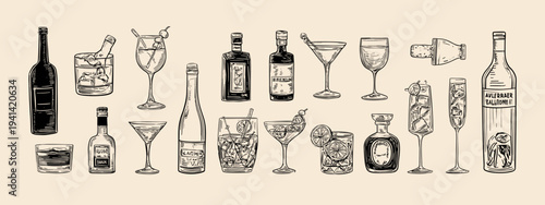 Hand drawn alcohol drinks set with wine beer cocktail glasses doodle sketch illustration
