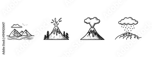 Volcano eruption doodle icons set with smoke lava and tsunami line art vector illustration