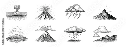 Volcano eruption doodle icons set with smoke lava and tsunami line art vector illustration