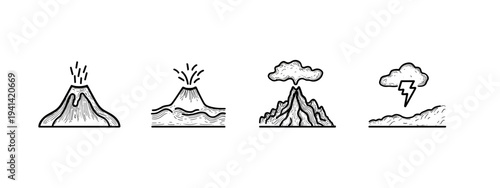Volcano eruption doodle icons set with smoke lava and tsunami line art vector illustration
