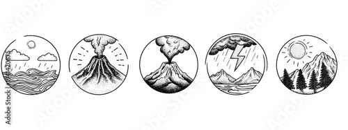 Volcano eruption doodle icons set with smoke lava and tsunami line art vector illustration