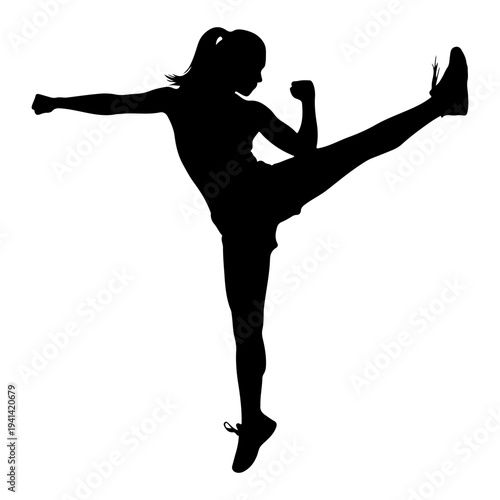 Woman Kicking Silhouette: Martial Arts Action, Fitness Graphic Vector Illustration
