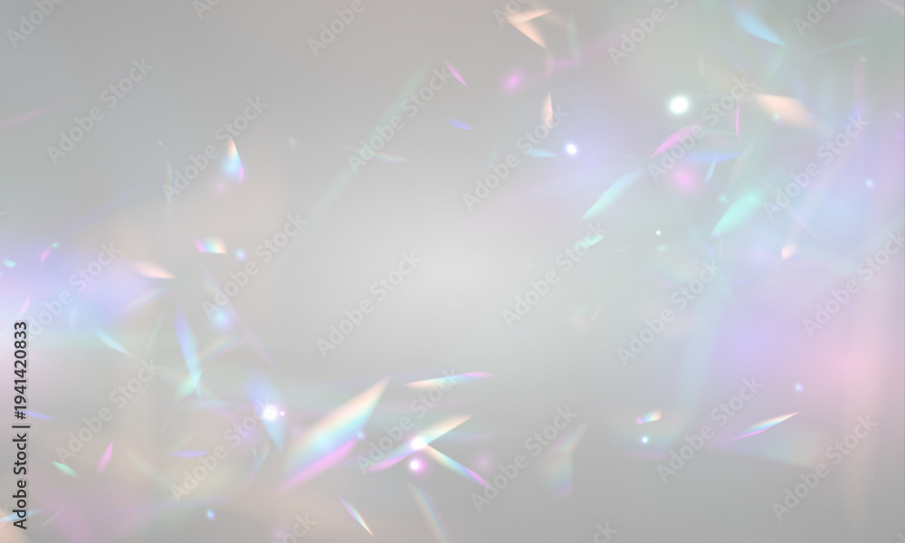 Fototapeta premium Diamond crystal prism glows beneath neon rainbow light beside glass glitter. PNG vector lens records sparkle with sharp glare and glowing flare effect. Refractions intensify brilliance.