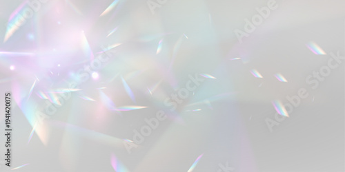 Neon rainbow prism shines crystal light through diamond glass glitter. PNG vector lens captures sparkle beside bright glare and radiant flare effect. Reflections spread across the scene.