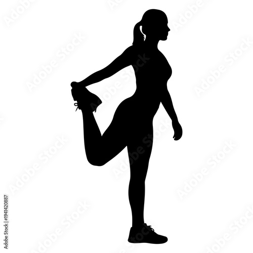 Woman stretching quad, fitness silhouette, healthy lifestyle vector illustration