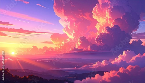 Anime-style sunset painting depicts a fiery, cloud-filled sky above mountains