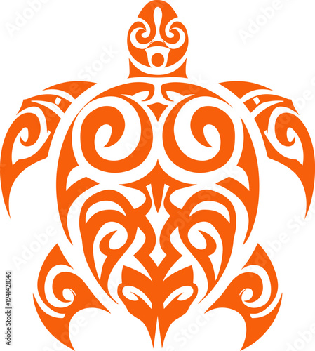 Create a realistic Maori turtle symbol inspired by Polynesian tribal vector art with white background.