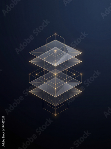Futuristic Abstract 3D Layered Geometric Structure with Glowing Connectivity Nodes on Dark Background
