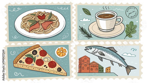 Italian food and drink illustrations stamps of pasta coffee pizza fish travel and cuisine elements