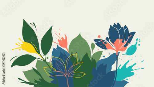Vibrant abstract floral illustration with lush green leaves and colorful blossoms.