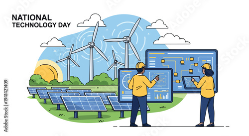 Illustration of two workers in yellow jackets analyzing large screens with renewable energy data and solar panels and wind turbines in the background on a green field with blue sky and