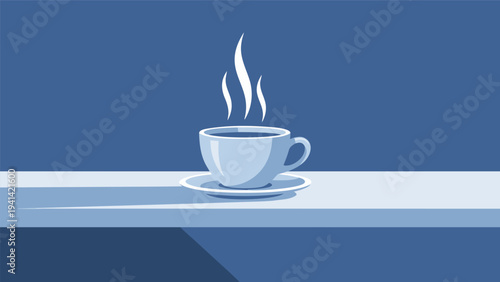 Steaming Coffee Cup Vector Illustration on a Blue Shelf, Perfect for Cafes and Morning Routines