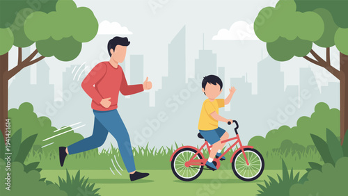 Father and son enjoying a bike ride in the park, a beautiful vector illustration for healthy lifestyle and family bonding