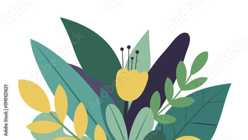 Vibrant botanical illustration with various green leaves and yellow flowers.