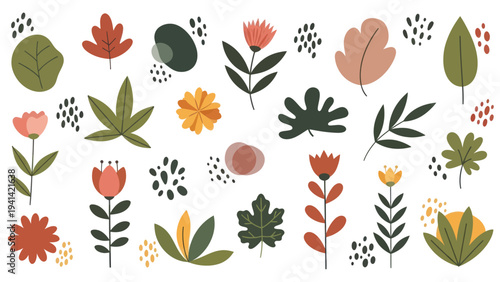 Vibrant Collection of Stylized Botanical Elements and Abstract Shapes.
