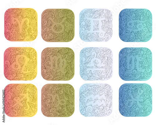 Zodiac signs collection featuring floral doodle patterns and negative space design on gradient squares