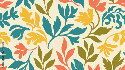 Vibrant Floral Pattern with Colorful Leaves and Blossoms.