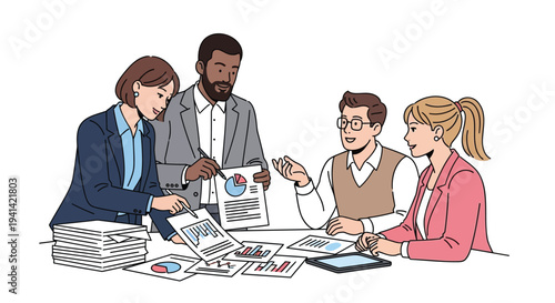 Vector illustration of four business people discussing data and documents