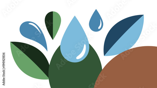 Water drops and leaves illustration symbolizing nature and growth.