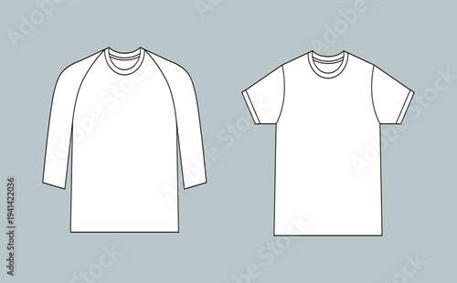 Long and short sleeve tshirt flat technical drawing illustration mockup template