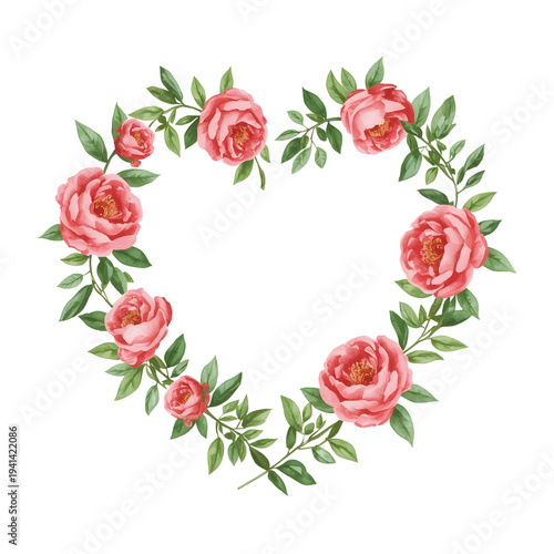 Watercolor heart shaped frame with pink peonies and green leaves creates romantic design