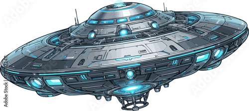 Create a realistic UFO, unidentified flying object from science fiction in a clean, realistic design vector art with white background..