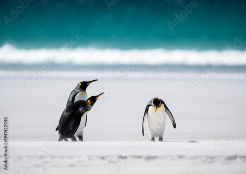 Three king penguins stand on a white sandy beach with turquoise waves in the background. One penguin looks down while the other two look up.